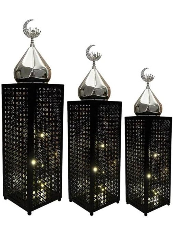 Mado Gallery Set of 3 Black Metal Islamic LED Lanterns with Crescent Moon – Warm Light Ramadan & Eid Indoor Outdoor Decor, Battery Operated (3 AA) - Image 1